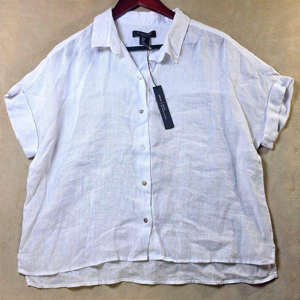 Tahari NWT Womens White 100% Linen Short Sleeve Button Up Shirt Top RN75343